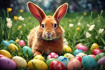 Fototapeta na wymiar easter bunny and easter eggs, colorful eggs, traditional rabbit