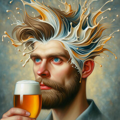 Surreal portrait of a man with a beer.