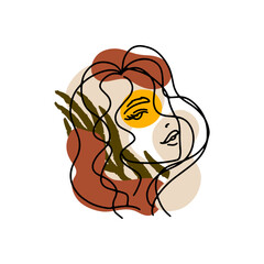 Trend portrait of a woman with palm leaves and abstract terracotta, beige and yellow spots. Hand drawn minimalistic lines. Isolated vector illustration on white background ideal for social networks.