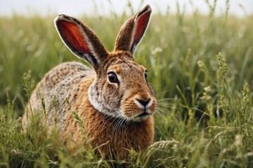 Naklejka premium rabbit in green grass on meadow background