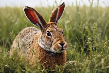 rabbit in green grass on meadow background