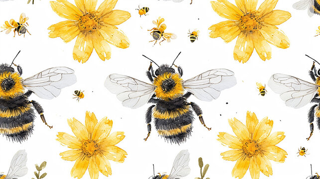 pattern di apine e margherite in stile acquerello su sfondo bianco scontornabile, ideale come carta da parati 