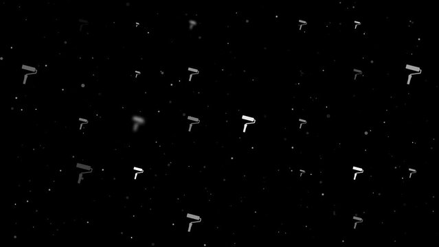 Template animation of evenly spaced paint roller symbols of different sizes and opacity. Animation of transparency and size. Seamless looped 4k animation on black background with stars