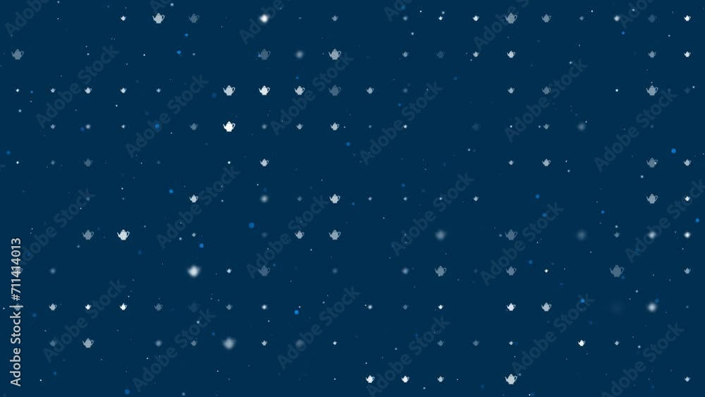 Poster template animation of evenly spaced teapots of different sizes and opacity. animation of transparenc