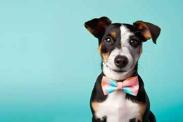 Beautiful dog with a bow tie. Animal portrait. dog in stylish clothes. Blue background