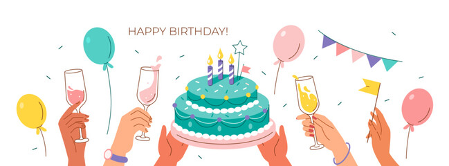 Birthday party celebration. Characters hands holding birthday cake with candles, balloons and champagne glasses. Holiday concept. Vector illustration. - obrazy, fototapety, plakaty