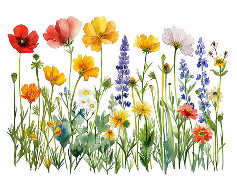 set in stile acquerello di fiori di campagna  arcobaleno, tipologie diverse, ghirlande colorate, fondo bianco scontornabile