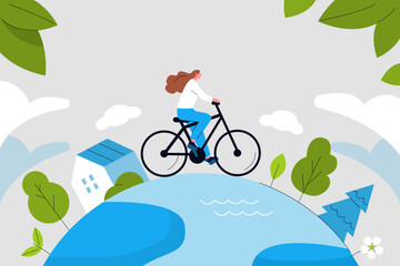 Planet earth and ecology poster. Happy woman character riding, cycling on bicycle in nature at forest. Environmental friendly, healthy lifestyle and travel concept. Vector illustration.
