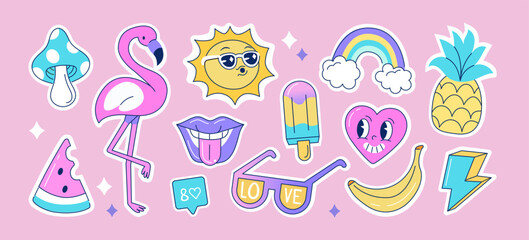 Groovy stickers or patches pack set. Funny retro, vintage, hippie characters. Love, heart, sun, flamingo and other trendy summer elements. Modern cartoon concept. Vector illustration.