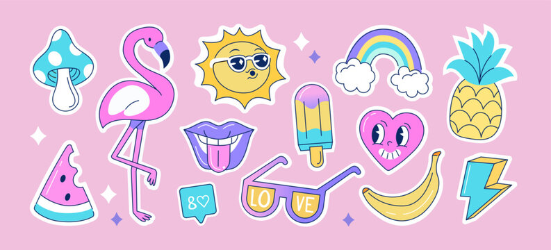 Groovy stickers or patches pack set. Funny retro, vintage, hippie characters. Love, heart, sun, flamingo and other trendy summer elements. Modern cartoon concept. Vector illustration.