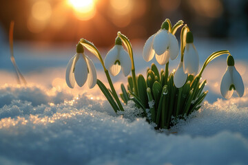 The first sprouts of new life in spring, snowdrop flowers growing in the snow, green plant leaves in springtime - obrazy, fototapety, plakaty