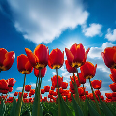 Field with red tulips close-up, landscape, bottom view, blue sky, sun rays