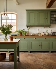 Kitchen dining room country style, rustic style in the interior, French classic, green kitchen, wooden countertop, ceramic tile floor