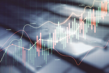Multi exposure of virtual abstract financial diagram on shiny metal background, banking and accounting concept
