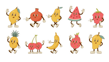 Fototapeta premium Set of cute retro cartoon fruit and berry mascots. Vintage watermelon, cherry, pineapple, mango, pear, pomegranate, dragon fruit, banana, raspberrie characters. Vector illustration.