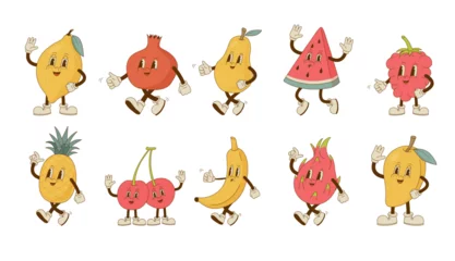 Fotobehang Set of cute retro cartoon fruit and berry mascots. Vintage watermelon, cherry, pineapple, mango, pear, pomegranate, dragon fruit, banana, raspberrie  characters. Vector illustration. © Nadezhda Mih