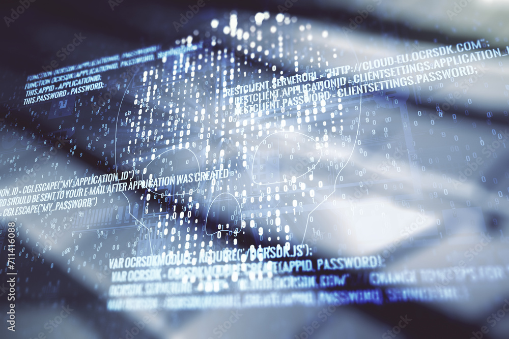 Poster abstract virtual code skull illustration on blurry abstract metal background. hacking and phishing c