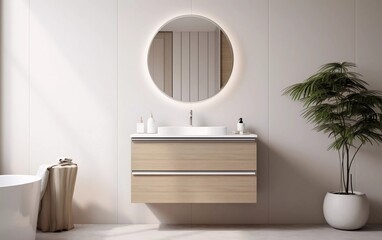 realistic photo Modern minimalist bathroom interior, modern bathroom cupboard, white sink, wooden dressing table, interior plants. generative ai