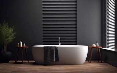 realistic photo Modern bathroom interior with dark gray walls and wood, wooden floor, gray bathtub and minimalist window. generative ai