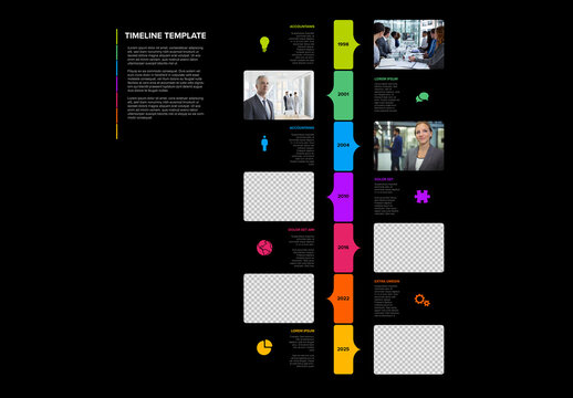 Simple black vertical timeline process infographic with big photo placeholders