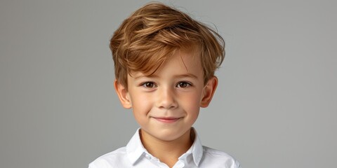 A 5 year old cheerful boy in a white school uniform, passport photography