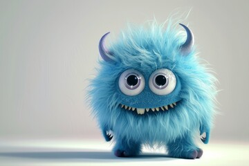 Obraz premium Cute blue furry monster 3D cartoon character