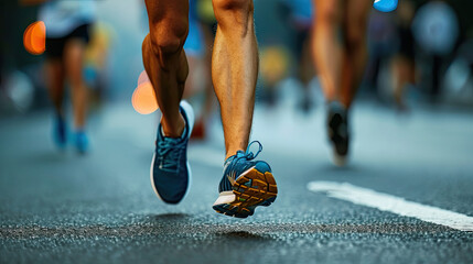 Close-up of the legs of an athlete running a marathon - obrazy, fototapety, plakaty