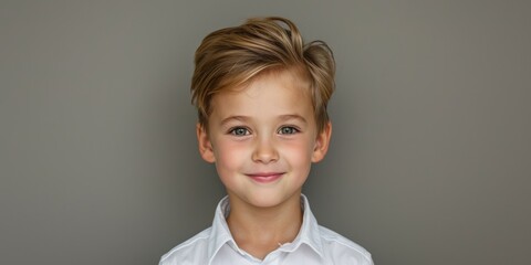 A 5 year old cheerful boy in a white school uniform, passport photography - obrazy, fototapety, plakaty