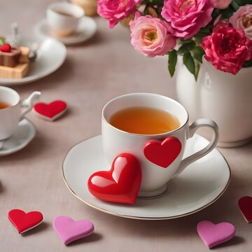 Cup of tea with toy heart and flowers. Valentine background