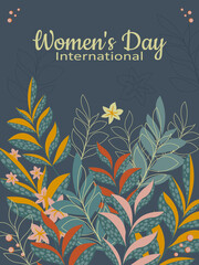Postcard for Women's Day with a fantasy spring bouquet of branches with leaves and flowers. 