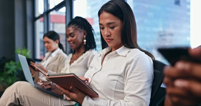 Notebook, thinking and business woman in workshop or seminar for growth, planning and development. Writing, learning and upskill training with happy young employee in office for education conference