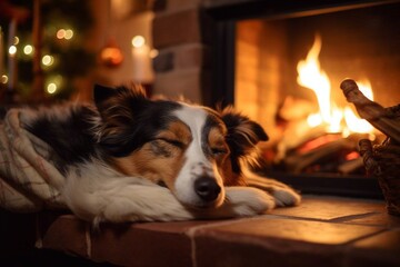 The dog border collie lies near the fireplace. Cozy warm home. Close up.