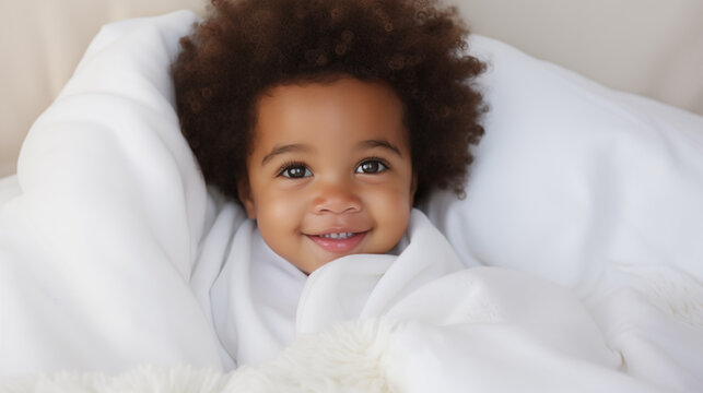 Um bebe afro com cabelo crespo enrolado na coberta branca 