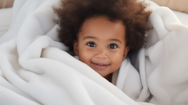 Um bebe afro com cabelo crespo enrolado na coberta branca 