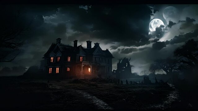 A large full moon shining down on an abandoned manor house darkly silhouetted against a backdrop of menacing storm clouds.