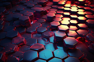 Obraz premium Abstract Hexagons Background in Blue and Red Neon Colors