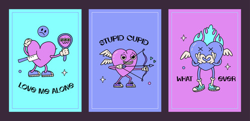 Minimalistic groovy y2k anti valentines day posters set with comic slogans. Trendy emo 2000s style. Happy Anti Valentines day greeting cards. Sad Creepy weird teen concept. Retro vector illustration.