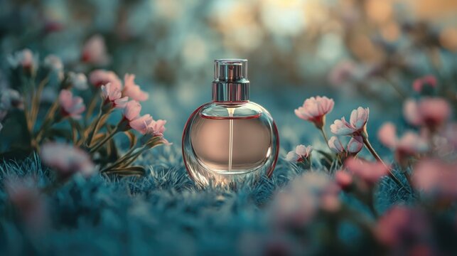 Photographie packshot d'un parfum au milieu de la nature, mock-up. Packshot photography of a perfume in the middle of nature, mockup.