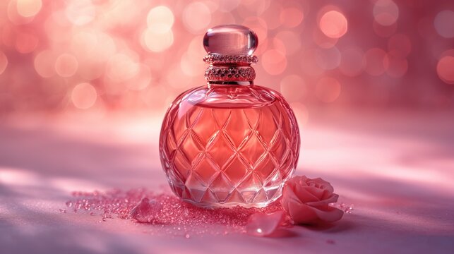 Photographie packshot d'un parfum dans un studio avec des tons roses, mock-up. Packshot photography of a perfume in a studio with pink tones, mockup.