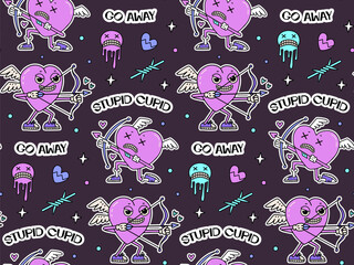 Y2k anti valentine seamless pattern. elements in trendy 2000s style. Heart shaped naughty cupid characters with bow, arrow in 90s, 00s aesthetic. Stupid cupid go away. Hand drawn vector illustration.