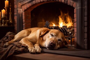 The dog labrador retriever lies near the fireplace. Cozy warm home. Close up.