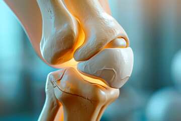 Realistic Knee Model On Blue Background, Knee Bones And Joints Structure - obrazy, fototapety, plakaty