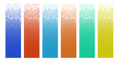 Set of pixelated stripe. Colorful gradient line. Different color change options, smooth and sharp shapes. Geometric background with halftone pixel texture.