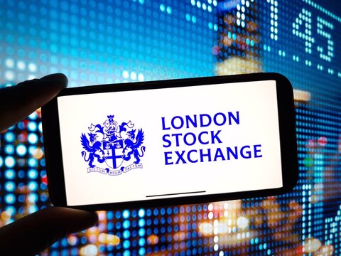 Konskie, Poland - January 16, 2024: London Stock Exchange company logo displayed on mobile phone