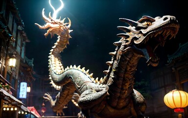 Obraz premium Guardians of Tradition The Enchanting Artistry of Chinese Wooden Dragons ai generated