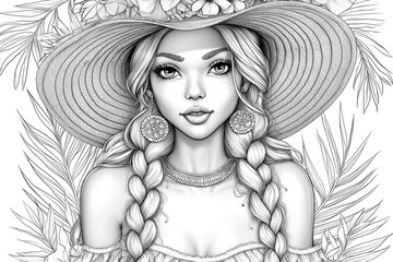 Beautiful young woman in a straw hat on the beach. for adult coloring book