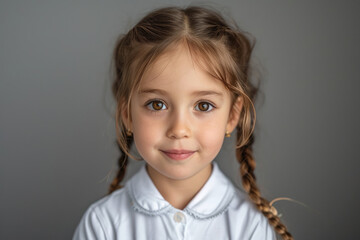 A 5 year old cheerful girl in a white school uniform, passport photography