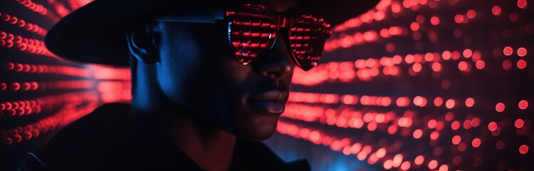 Afro american man with sunglasses and a jacket stands in front of a red lit wall, modern style with conrast light and glow - obrazy, fototapety, plakaty