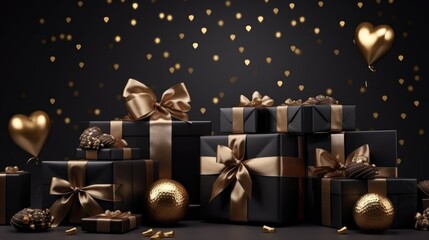 Valentine gift boxes composition with elegant black and gold elements. Luxury festive decor on a dark background. Modern design for love cards, invitations, and posters. Generative AI.