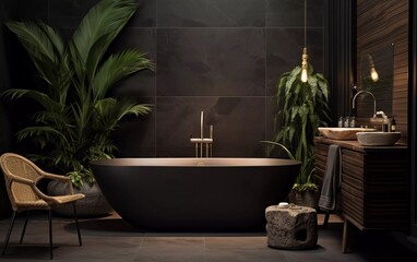 realistic photo Stylish bathroom interior with modern ceramic tub and ornamental plants, in dark colors. generative ai